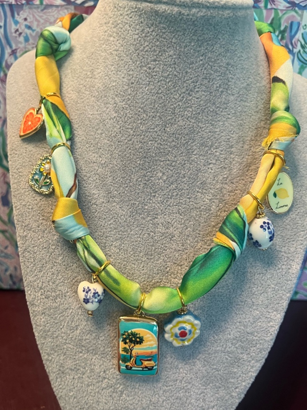 Silk Scarf Charm Necklace with Hints of Italian charm.  Coastal Italian Style.